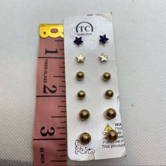 🍭6/$30 Set of 6 TC small gold tone ball and star post stud earrings - Picture 5 of 5